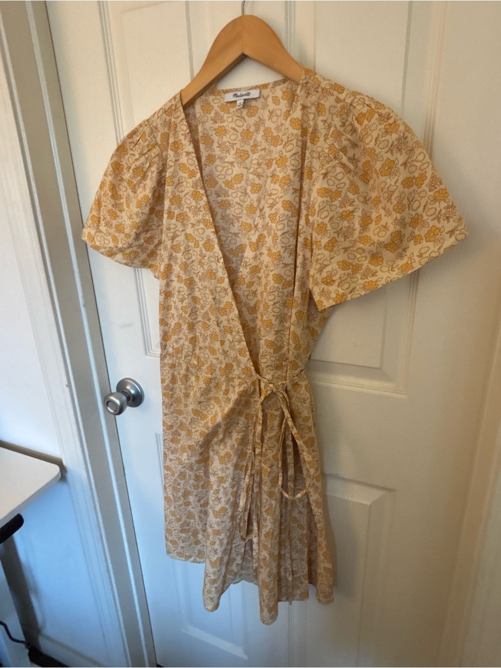 Madewell Cotton Mini Wrap Dress Yellow Floral Size M - Picture 3 of 7